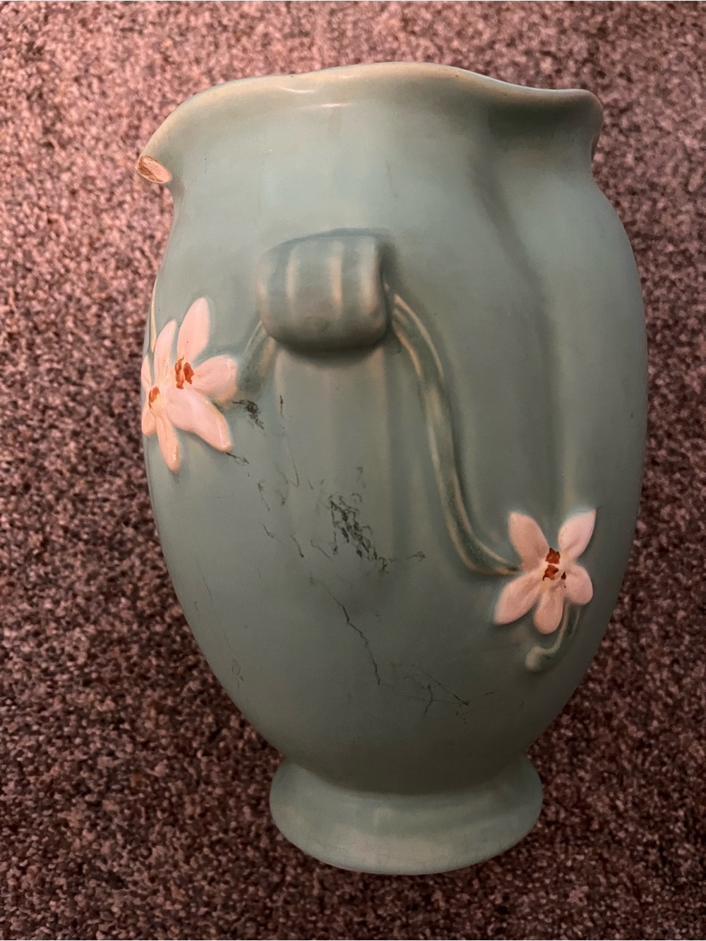 Vintage Light Teal Floral Ceramic Pitcher - Brand Unmarked